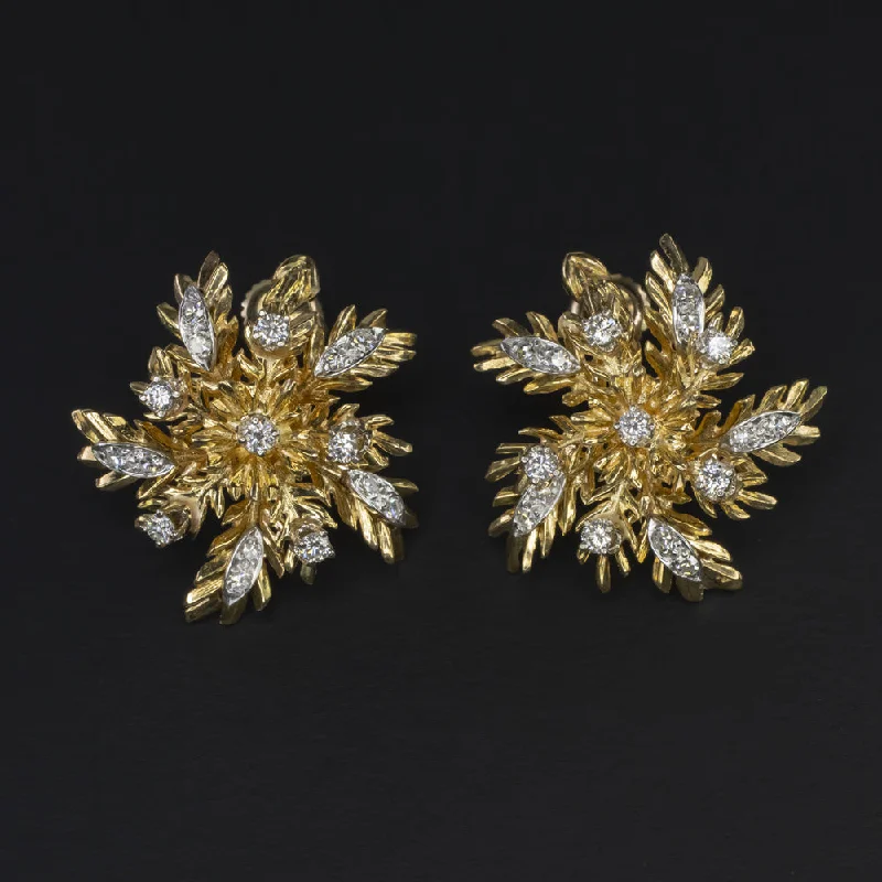 Fancy Earrings For Exclusive Parties-VINTAGE DIAMOND 18k EARRINGS 0.88c F-G VS YELLOW GOLD LEAF HANDMADE STUD NATURAL