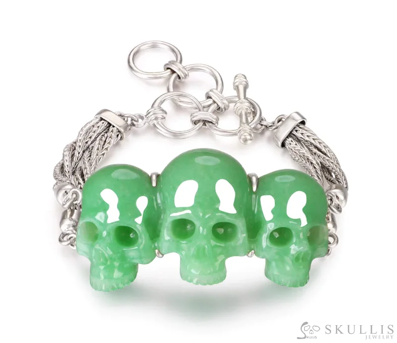 Elegant Bracelets For Evening Wear-Gem Skull Bracelet of Green Aventurine Carved Skull in 925 Sterling Silver, Adjustable Size