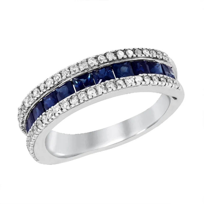 Modern Wedding Rings For Trendy Brides-WHITE GOLD RING WITH PRINCESS CUT SAPPHIRES AND ROUND DIAMONDS, 1/2 CT TW