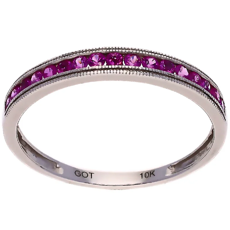 Handcrafted Engagement Rings For Brides-10K White Gold Pink Sapphire Stackable Band Ring