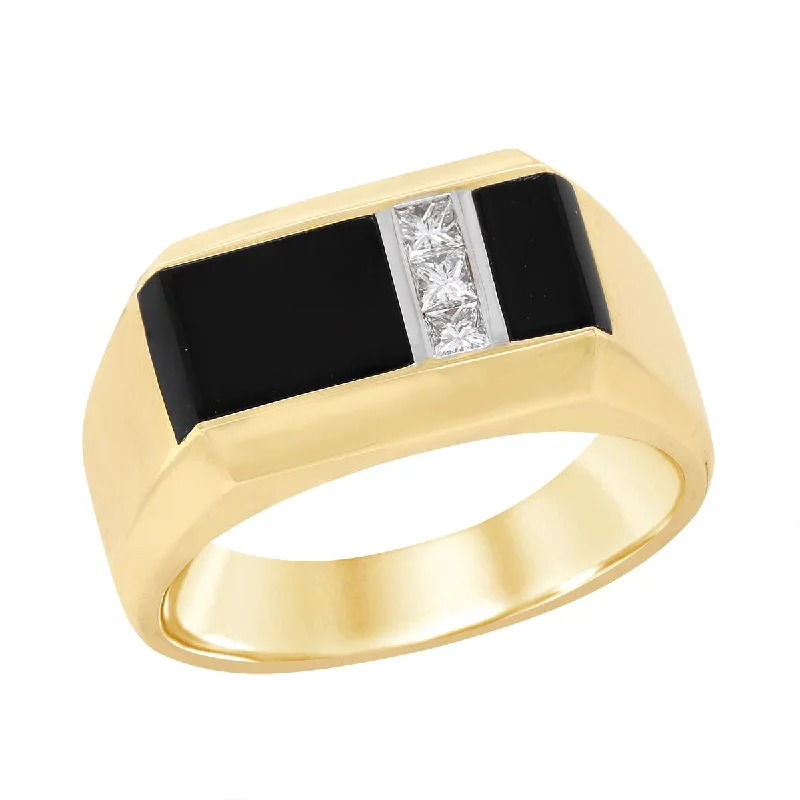 Wedding Ring Sets For Couples-MEN'S TWO-TONE GOLD RING WITH BLACK AGATE AND 3 PRINCESS CUT DIAMONDS, .22 CT TW