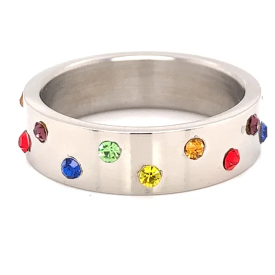 Custom Engagement Rings For Modern Brides-Rainbow CZ Stainless Steel Ring / RRJ2674