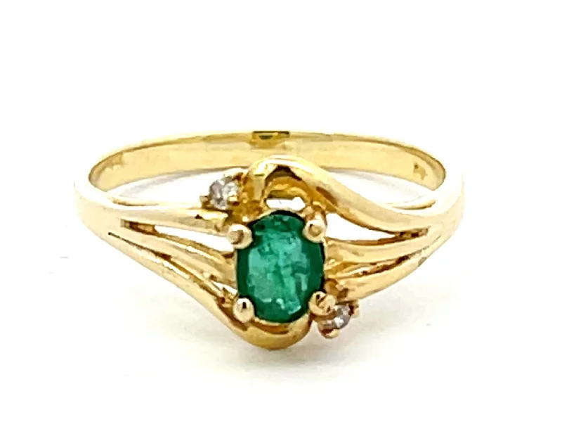 Gold Wedding Rings For Couples-Oval Green Emerald and 2 Diamond Stackable Ring in 14k Yellow Gold