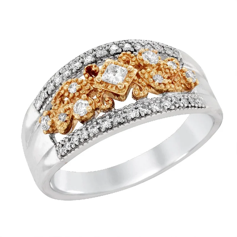 Customizable Friendship Rings-TWO-TONE GOLD RING WITH DIAMONDS AND MILGRAIN TEXTURING, 5/8 CT TW