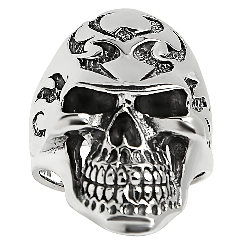 Beautiful Titanium Engagement Rings For Men-Sterling Silver Flaming Skull Ring / SSR0026