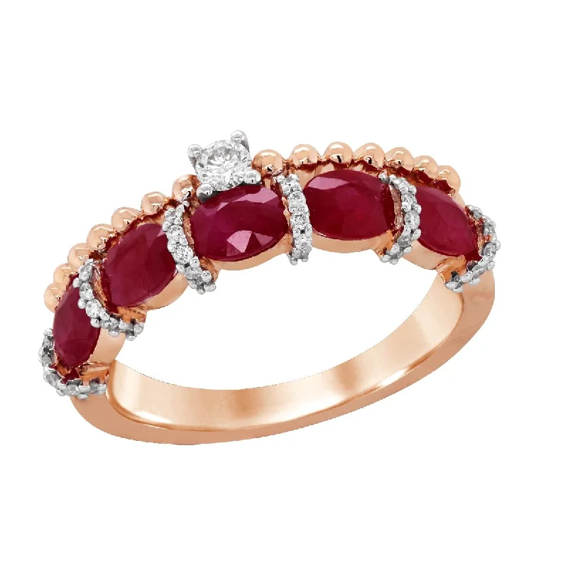 Vintage Style Engagement Rings-ROSE GOLD RING WITH OVAL RUBIES AND SIDE DIAMONDS