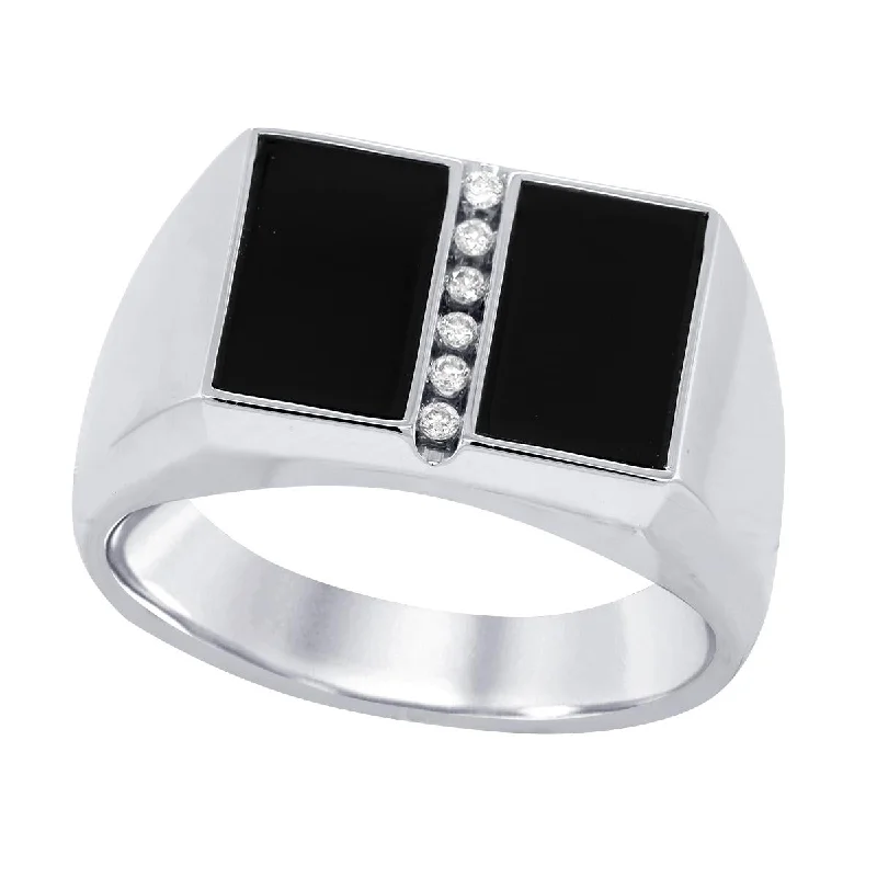 Elegant Gold Rings For Everyday Style-MEN'S WHITE GOLD RING WITH ROUND CUT DIAMONDS AND BLACK AGATE, .06 CT TW