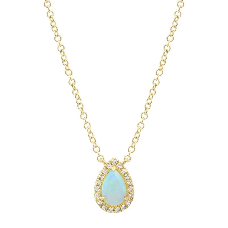 Dainty Gold Necklaces For Minimalist Style-14k Yellow Gold Pear Opal Diamond Halo Necklace