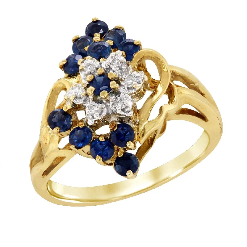 Trendy Gemstone Rings For Fashion-forward Women-YELLOW GOLD FASHION RING WITH SAPPHIRES AND DIAMONDS, .06 CT TW