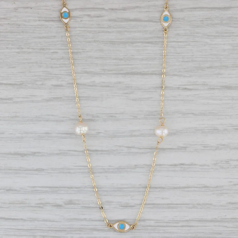 Simple Gold Necklaces For Classic Look-Cultured Pearl All Seeing Eye Station Necklace 14k Yellow Gold 18" Cable Chain