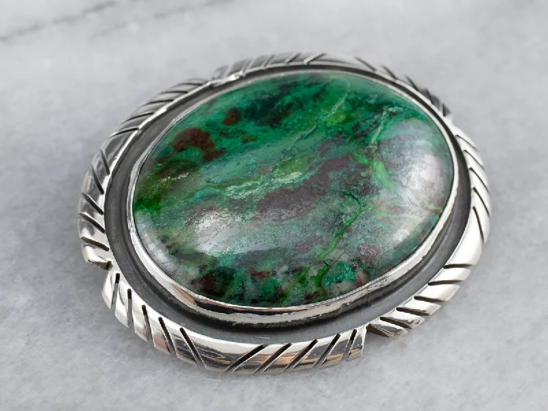 Boho Brooch For Casual Outfits-Chrysocolla Sterling Silver Brooch Pendant