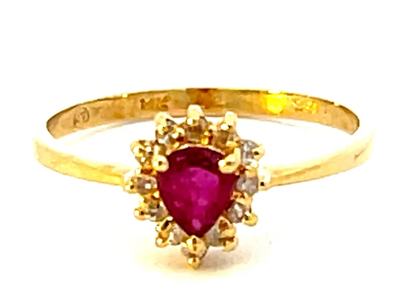 Luxury Custom Wedding Bands For Brides-Pear Shaped Red Ruby and Diamond Halo Ring in 14k Yellow Gold