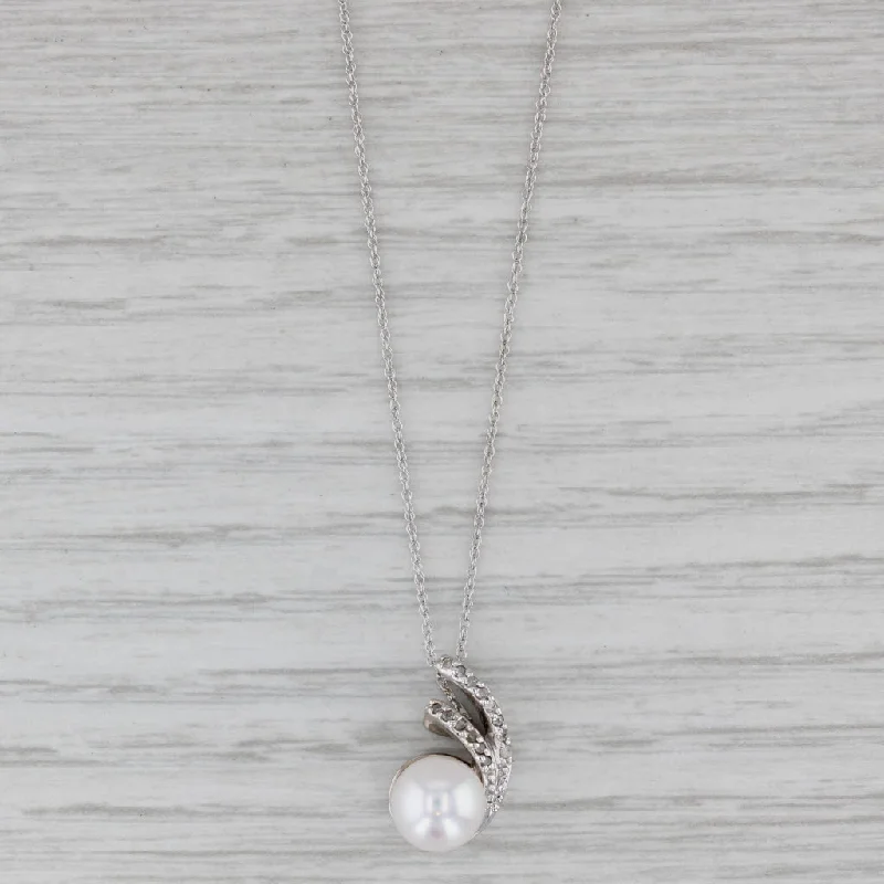 Long Silver Necklaces For Boho Style-New Cultured Pearl Diamond Pendant Necklace 10k White Gold 18" Rope Chain