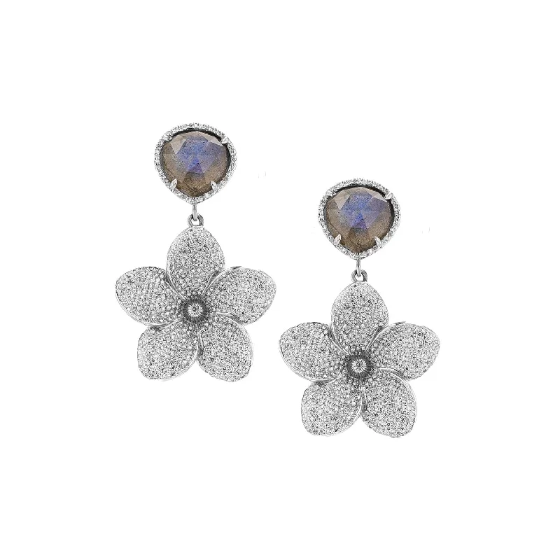 Colorful Earrings For Casual Look-Diamond Plumeria Flower Earrings with Labradorite Posts  E0000113