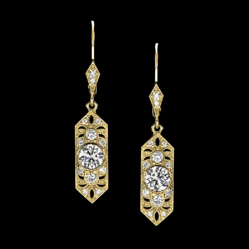 Festive Earrings For Holiday Wear-0.78c NATURAL DIAMOND VINTAGE STYLE DROP EARRINGS ART DECO GEOMETRIC YELLOW GOLD