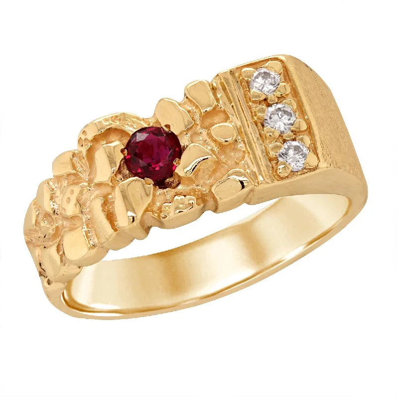 Luxury Diamond Wedding Rings For Brides-MEN'S YELLOW GOLD NUGGET FASHION RING WITH RUBY AND DIAMONDS, 1/10 CT TW