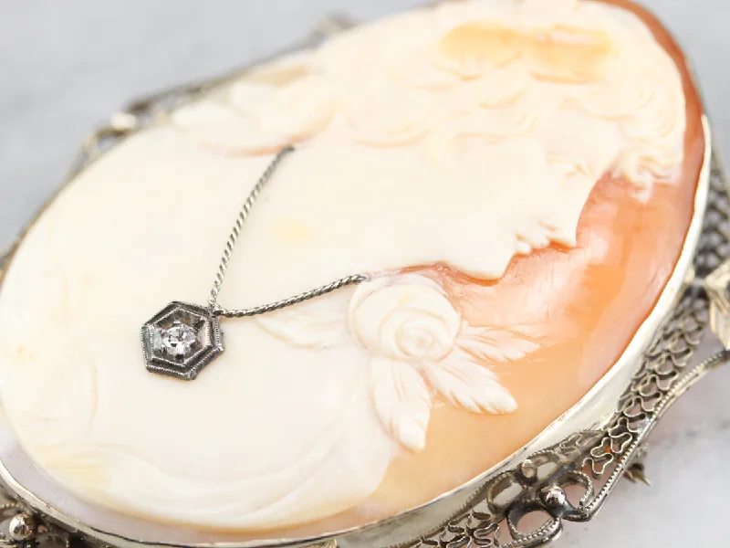 Bridesmaid Brooch For Wedding-Art Deco Diamond Cameo Brooch or Pendant