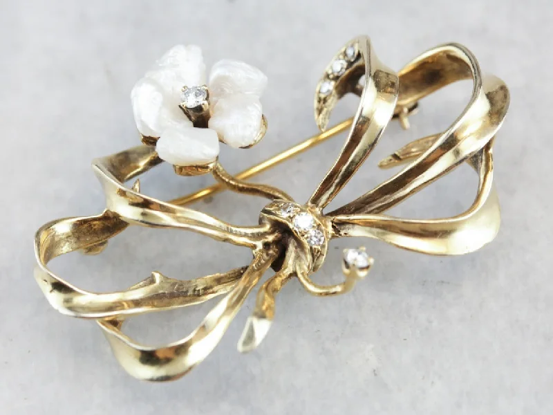 Simple Gold Brooch For Casual Look-Retro Floral Diamond and Pearl Bow Brooch