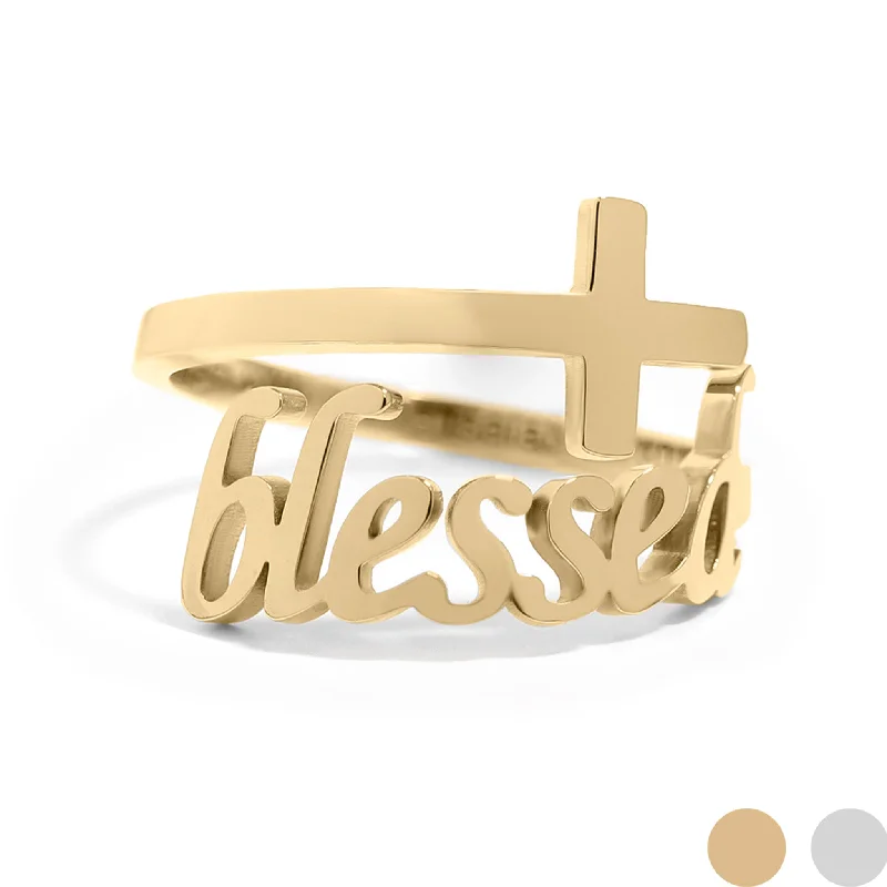 Designer Custom Rings For Unique Style-18K Gold PVD Stainless Steel Adjustable "Blessed" Ring / KSS0007