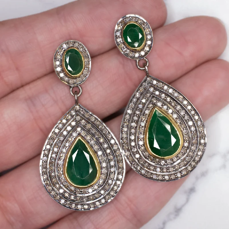 Large Silver Earrings For Bold Fashion-NATURAL DIAMOND EMERALD EARRINGS STATEMENT DROP DANGLE PEAR TEARDROP GREEN BIG