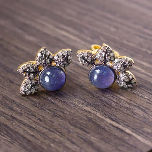 Fashionable Earrings For Office Ladies-FLORAL STUDS NATURAL DIAMOND BLUE TANZANITE EARRINGS PAVE LEAVES BOTANICAL BLACK