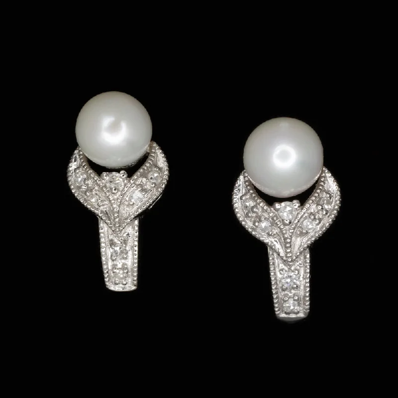 Vintage Style Earrings For Weddings-VINTAGE PEARL DIAMOND EARRINGS 14k WHITE GOLD RETRO FLORAL HALF HUGGIE J HOOP