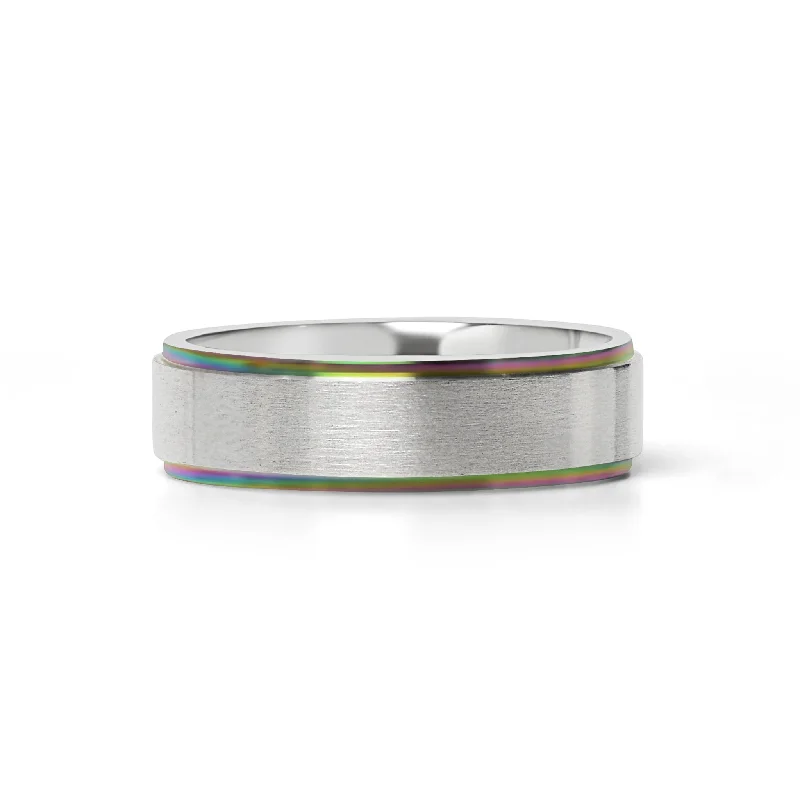 Modern Wedding Bands For Couples-Rainbow Edge Brushed Center Stainless Steel Ring / CFR7014