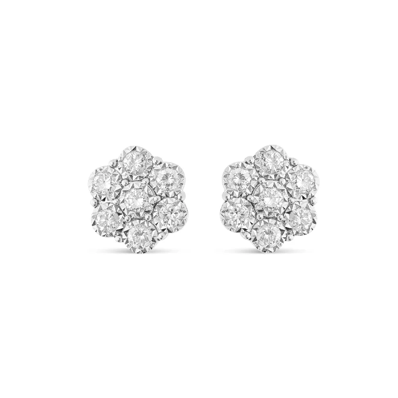 Unique Wedding Earrings For Brides-0.70 Ct White Gold Bezel Set Diamond Flower Stud Earrings