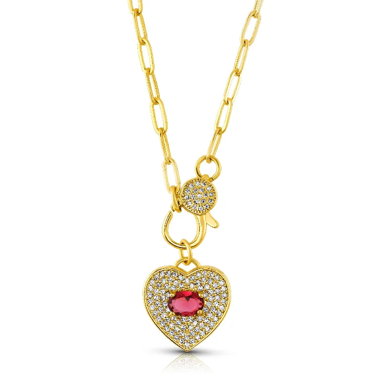 Colorful Gemstone Necklaces For Summer Outfits-HEART RUBY CZ CLASP NECKLACE, GOLD