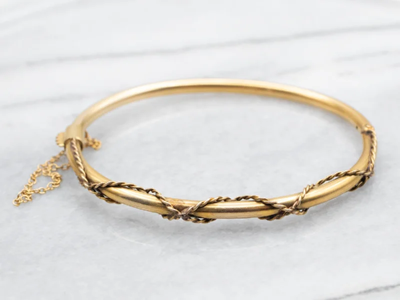 Bangles For Elegant Brides-Antique Hinged Gold Bangle Bracelet with Twist Detail