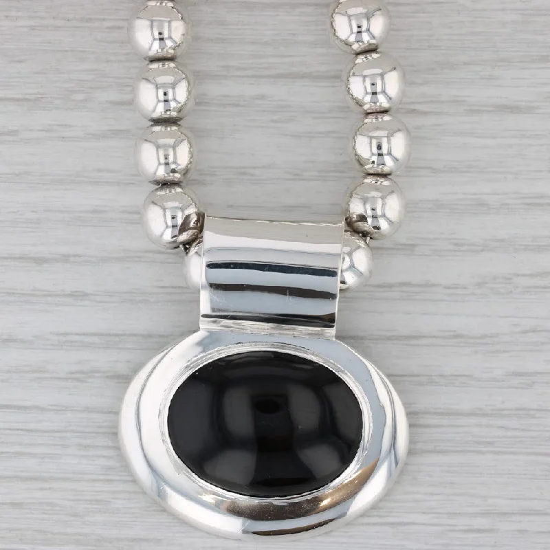 High-End Necklaces For Exclusive Occasions-Obsidian Oval Cabochon Pendant Necklace Sterling Silver Bead Statement 16" Taxco