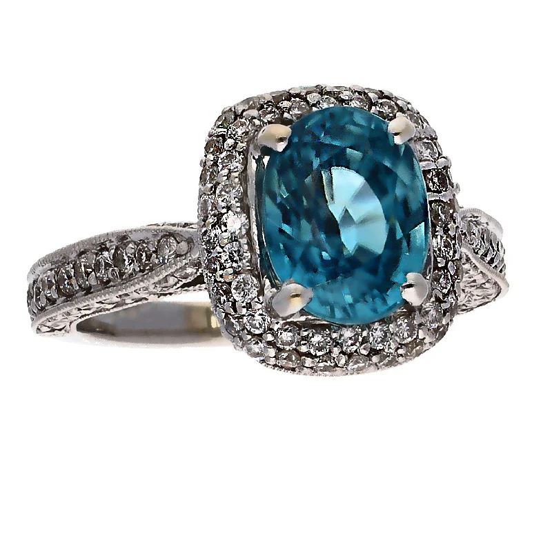 Dazzling Diamond Rings For Special Days-18K White Gold Oval Blue Zircon & Diamond Ring