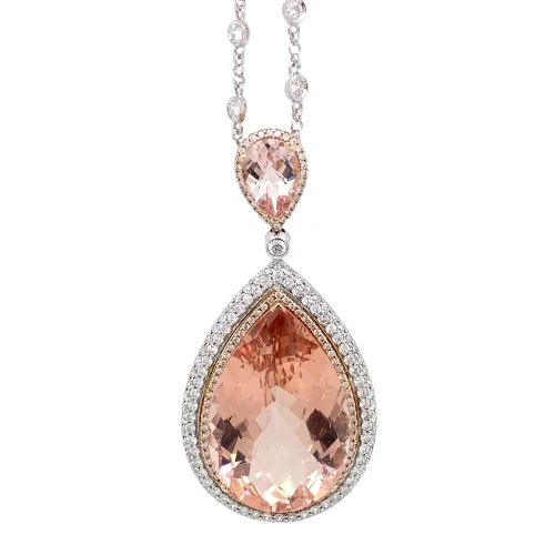 Simple Chain Necklaces For Minimal Style-18K Rose Gold Diamond and Pear Morganite Pendant