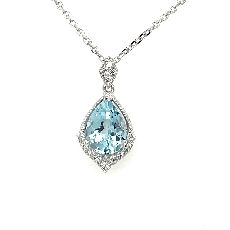 Gemstone Necklaces For Colorful Touch-14KW Gold Pear-Shape Aquamarine Necklace with Diamond Accents