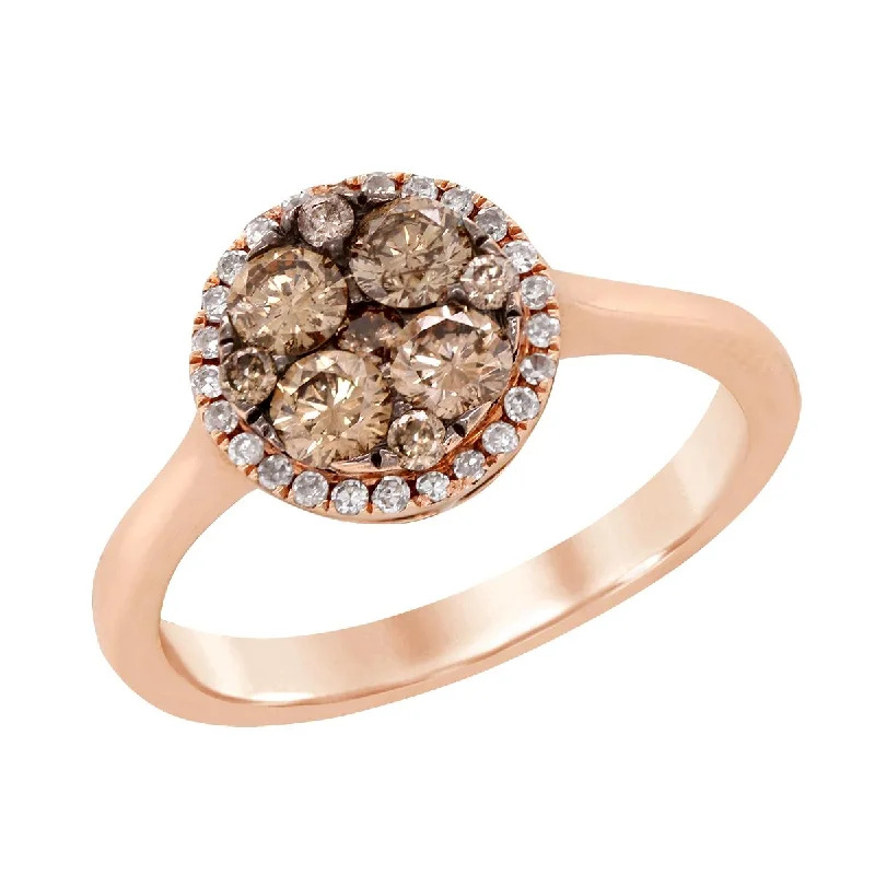 Beautiful Birthstone Rings For Personalized Gifts-ROSE GOLD FASHION RING WITH BROWN DIAMOND CLUSTER SETTING AND HALO, .69 CT TW