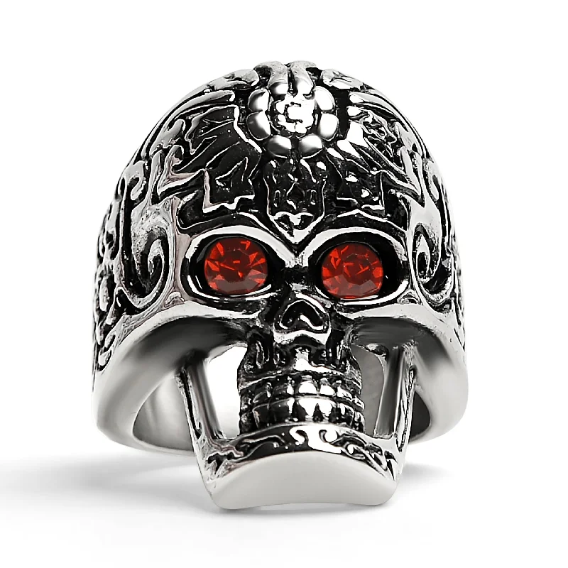 Luxury Engagement Rings For Proposal-Large Red CZ Eyed Detailed Skull Stainless Steel Ring / SCR4005