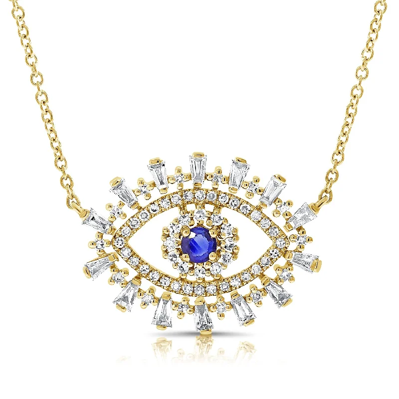 Luxury Necklaces For Elegant Events-14K Yellow Gold Diamond + Sapphire Evil Eye Necklace