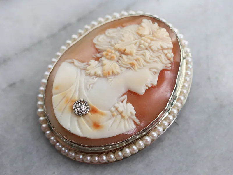 Luxury Brooch For Formal Events-Vintage Goddess Cameo Diamond Pearl Brooch Pendant