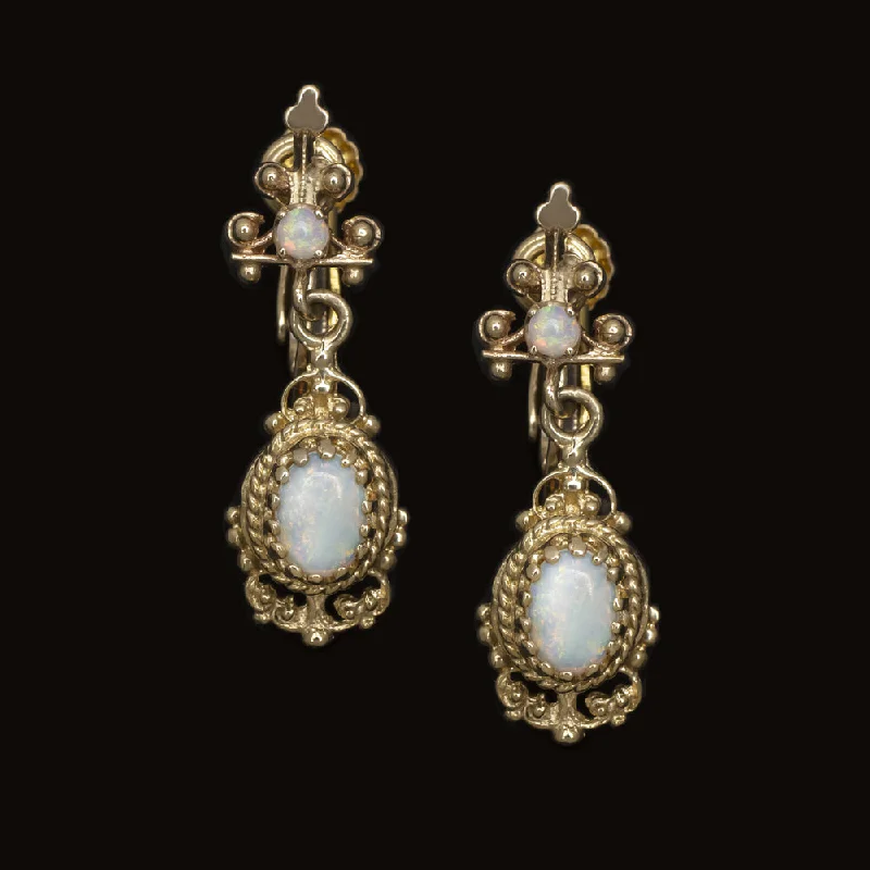 Bridal Earrings For Wedding Day-VINTAGE OPAL DANGLE EARRINGS 14k YELLOW GOLD DROP ESTATE JEWELRY NATURAL OVAL