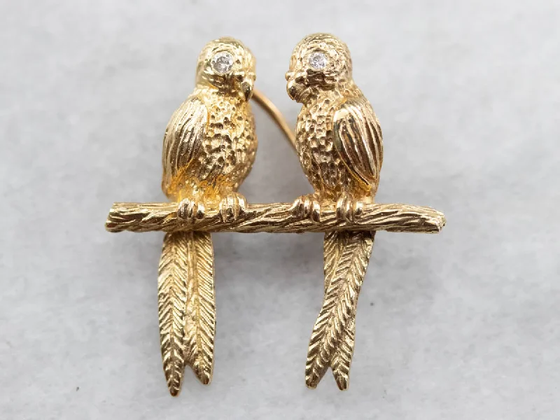 Creative Brooch For Dresses-Two Parrots Diamond Gold Brooch