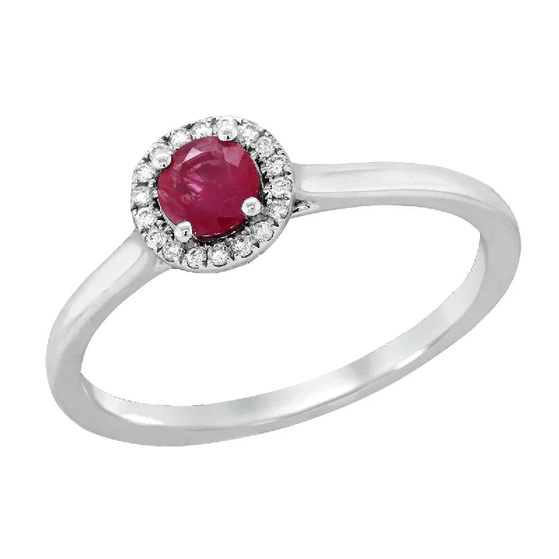 Designer Wedding Bands For Custom Style-WHITE GOLD RUBY RING WITH DIAMOND HALO, .05 CT TW