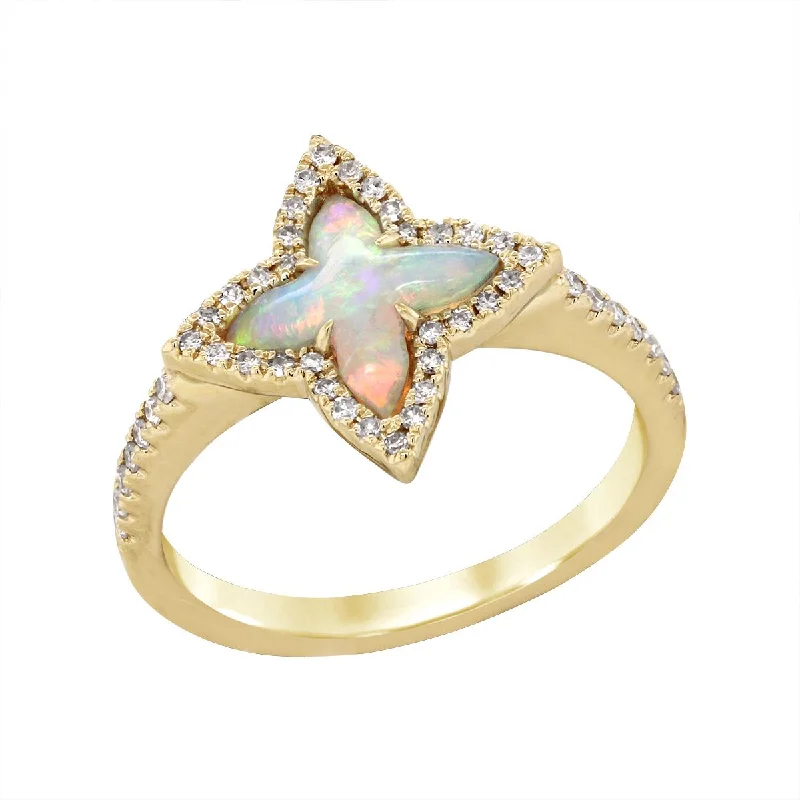 Elegant Rose Gold Wedding Bands For Brides-YELLOW GOLD FASHION RING WITH FANCY SHAPED OPAL AND ROUND DIAMONDS, .20 CT TW