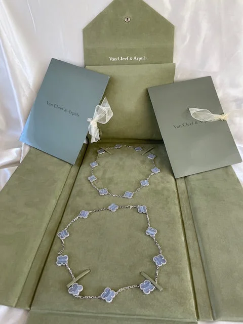 Artistic Gold Necklaces For Unique Style-Van Cleef Arpels Chalcedony Clover 2 Necklaces 18k Gold 16.75" VCA Box Papers