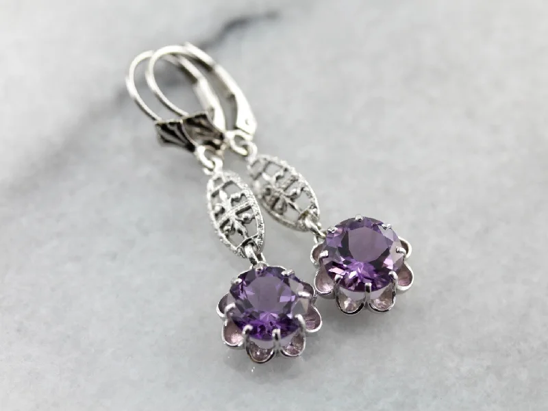 Cute Animal Earrings For Children-Bright Amethyst Drop Earrings with Simple Filigree Accents in White Gold