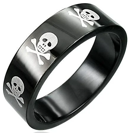 Dazzling Diamond Rings For Special Days-Black With White Skulls Stainless Steel Ring / FSC035