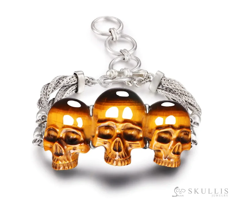 Designer Bracelets For Men-Gem Skull Bracelet of Gold Tiger's Eye Carved Skull in 925 Sterling Silver, Adjustable Size