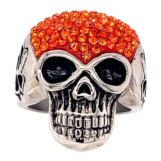 Customizable Promise Rings For Couples-Skull With Tiny Orange CZ Accents Stainless Steel Ring / SCR3108