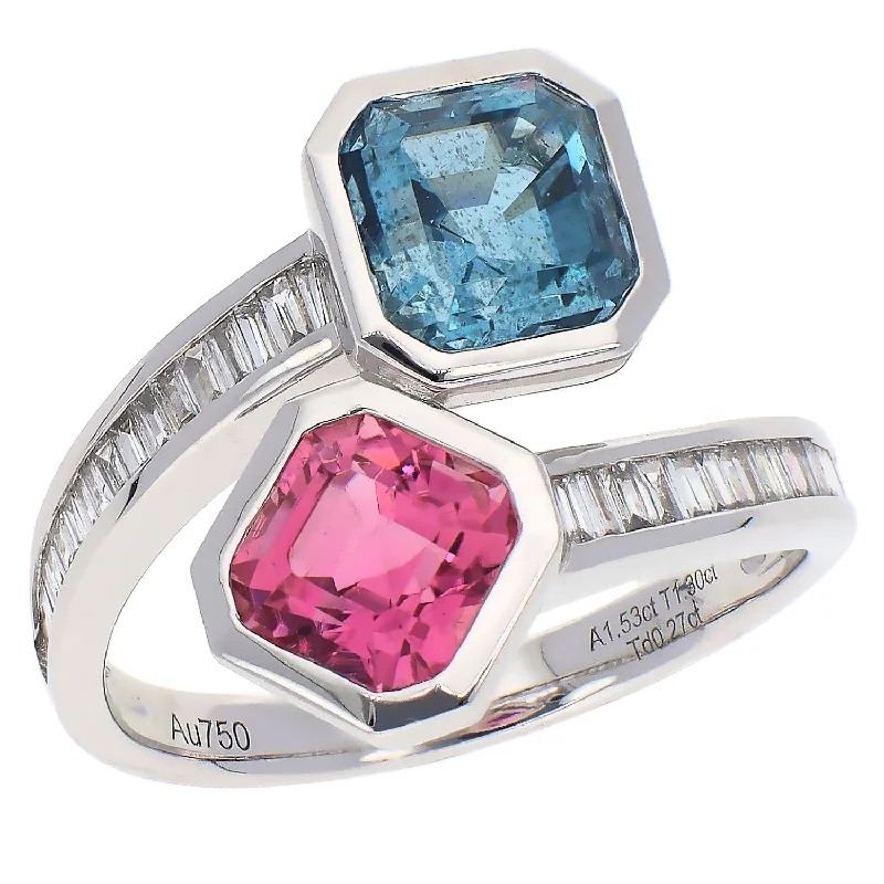 Luxury Engagement Rings For Proposal-18K White Gold Santa Maria Aqua, Pink Tourmaline and Diamond Bypass Ring