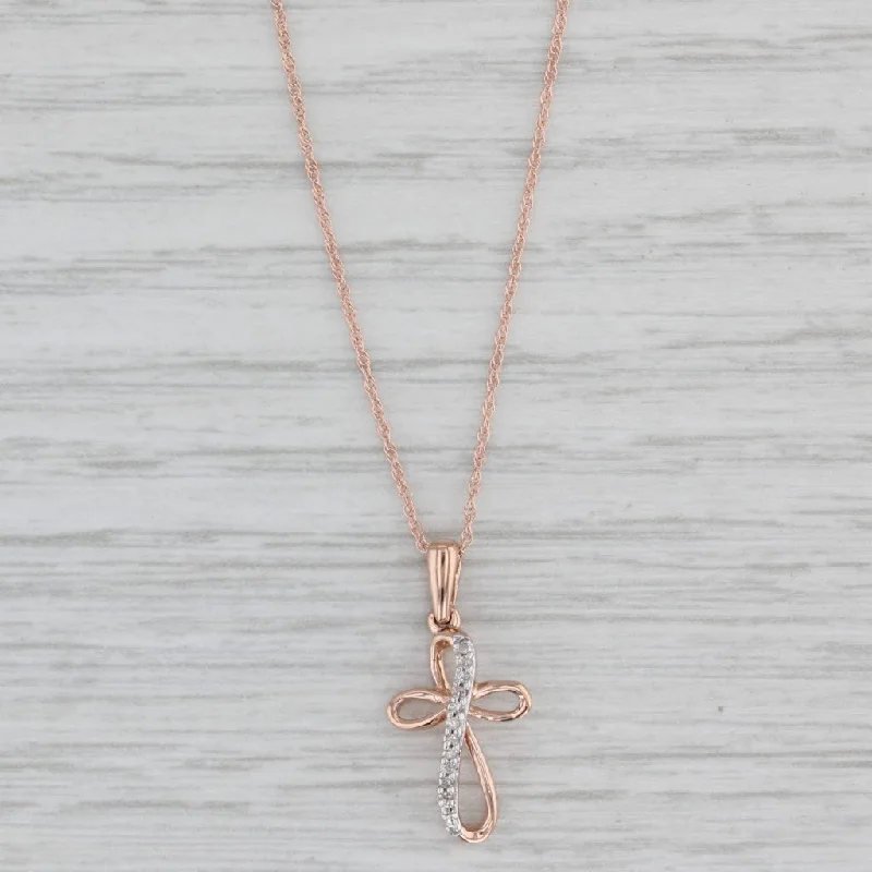 Romantic Pendant Necklaces For Lovers-Diamond Cross Pendant Necklace 10k Rose Gold 18" Rope Chain 0.8mm