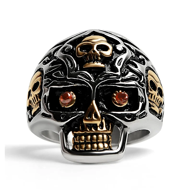 Minimalist Engagement Rings For Subtle Style-Stainless Steel 18K Gold PVD Coated Red CZ Eyed Filigree Skull Ring / SCR4003